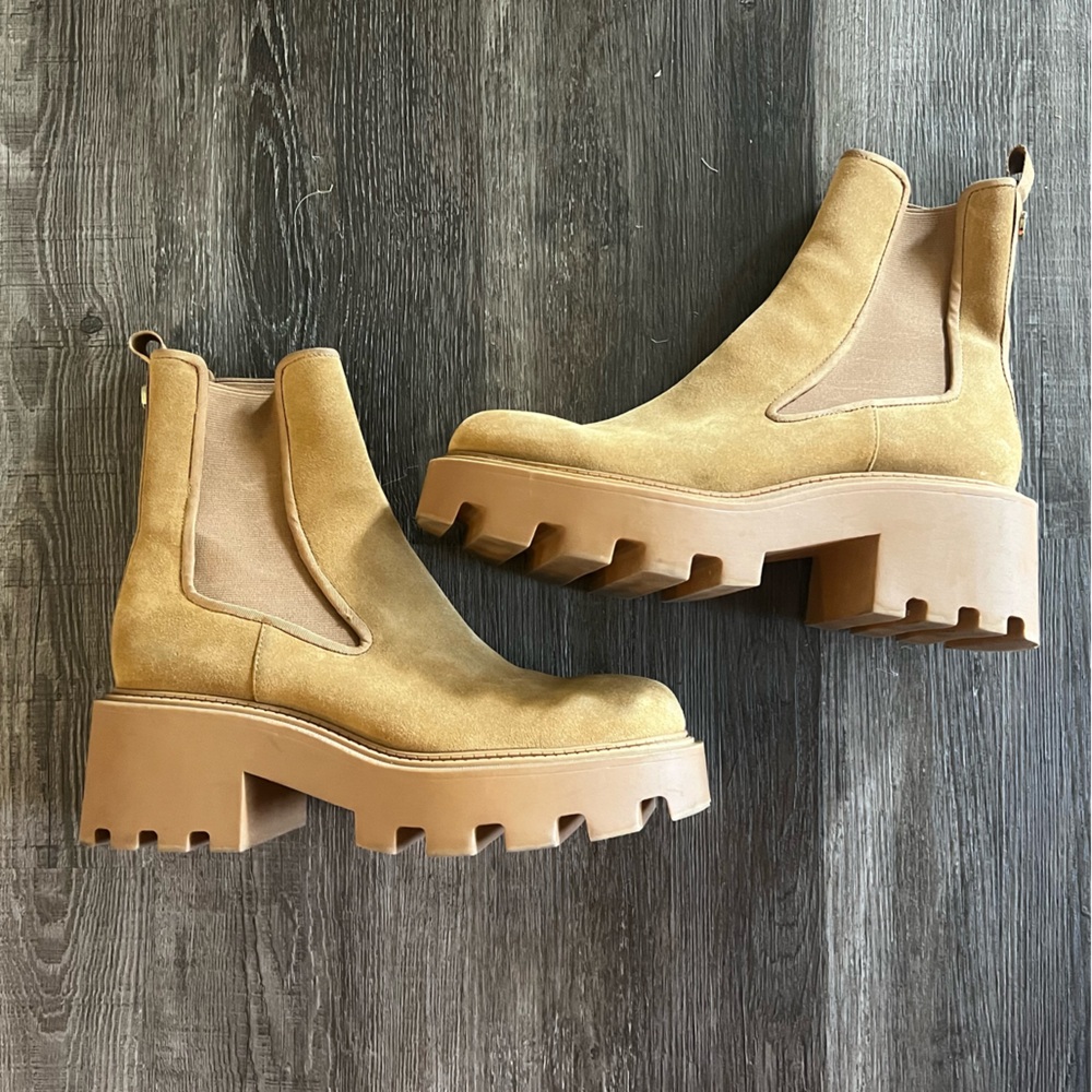 Zara Women Beige Split Leather Lug Platform Ankle Boots Suede Size US 11 / EU 42